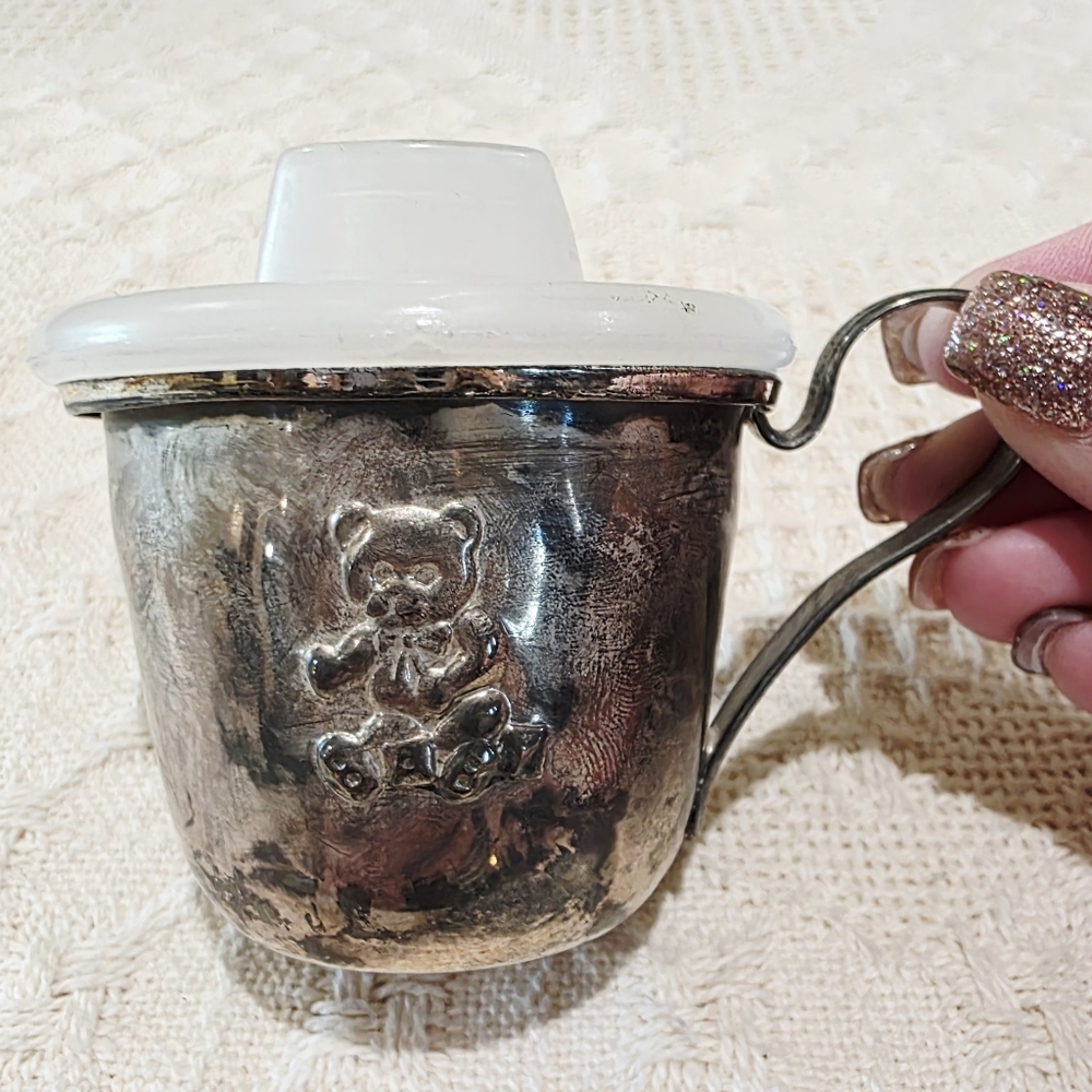 Vintage Silverplate Baby's First Sippy Cup Mug with Teddy Bear Design